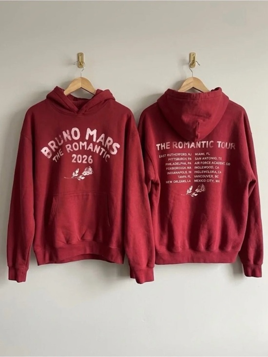 Gildan Tops - Bruno Mars The Romantic Tour 2026 Maroon Hoodie